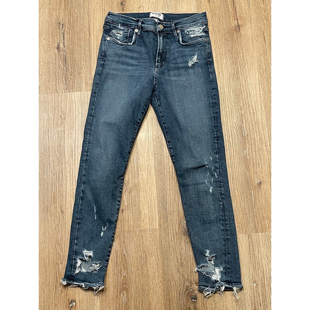 AGOLDE Sophie Mid Rise Skinny Crop Women's Size 27 Jeans Dark Distressed Raw Hem